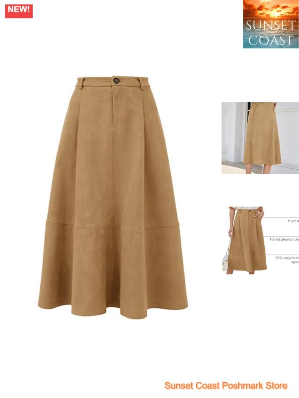 Faux Suede Midi Skirt High Waist Pleated A-Line with Pockets